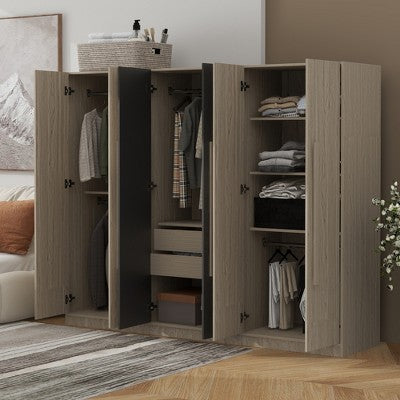TIRAMISUBEST 6-Door Bedroom Armoire Closet with Hanging Rods, Modern Large Wardrobe Clothes Organizer with 2 Hidden Drawers and Storage Shelves