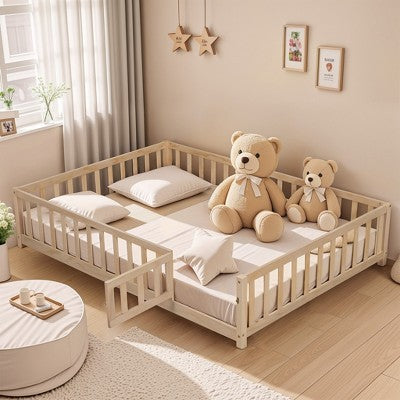 Gulches Full Size Floor Platform Bed with Fence and Door for Kids, Montessori Floor Bed Frame with Support Slats for Toddlers, Wooden Floor Bed Grey