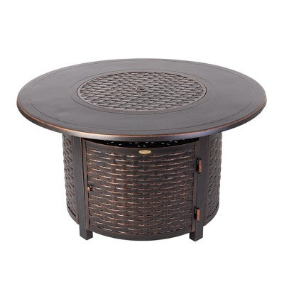 Fire Sense 44” Florence Woven Aluminum Gas Fire Pit 55,000 BTU Multi-Functional - Protective Cover and Fire Glass - Round - Bronze Finish
