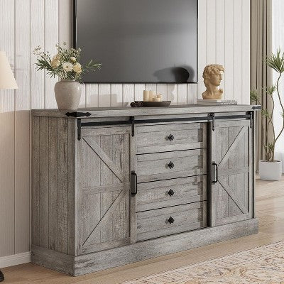 Farmhouse TV Stand - Sliding Barn Doors & 4 Drawers, Media Console for 65" TVs in Living Room