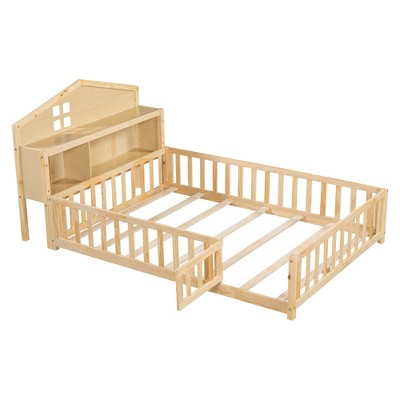 TiramisuBest Full-Size Floor Bed with Bookcases & Chalkboard, Kids & Teens Platform Bed with Guardrails, Beige