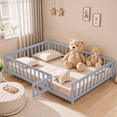 CAVINAS Full Size Wood Montessori Bed Frame,Modern Floor Bed Frame with Safety Guardrails and Door,Toddler Bed for Bedroom