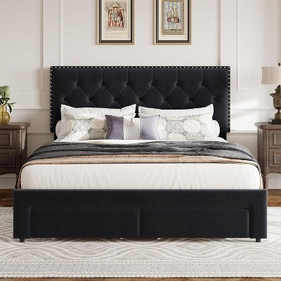 King Size Upholstered Bed Frame with 2 Drawers, Velvet Bed Frame with Button Tufted Headboard, Wooden Slat Support, Noise Free, No Box Spring Needed
