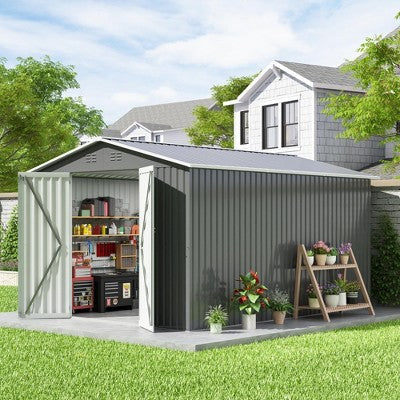 Sandinrayli 10 x 12 FT Outdoor Storage Shed, Large Metal Tool Sheds with Updated Frame Structure and Lockable Doors, Grey