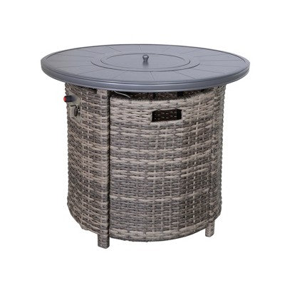 Mondawe 25" H x 32" W Rustproof Aluminum Outdoor Wicker Propane Fire Pit Table with Lid (Mixed Gray)
