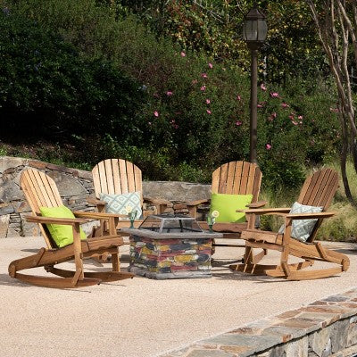 Christopher Knight Home Hermes Outdoor Acacia Wood 5 Piece Adirondack Rocking Chair and Fire Pit Set