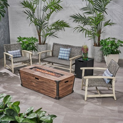 GDFStudio Savannah Outdoor Acacia Wood and Wicker 4 Seater Chat Set with 50,000BTU Fire Pit