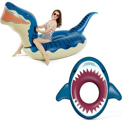 Jasonwell Inflatable Dinosaur & Shark Pool Floats – Giant 124" T-Rex & Shark Ride-On for Kids & Adults, Summer Beach Raft Lounge Toy, Blue & Maroon