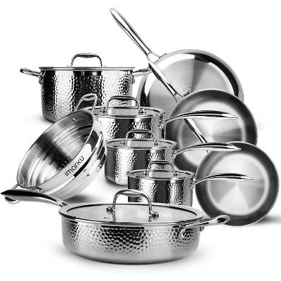 Imarku Pots and Pans Set, 14 PCS Kitchen Cookware Set，Tri-Ply Clad Stainless Steel with Ergonomic Handle and Lids, Dishwasher Safe,Scratch Resistance