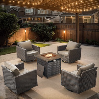 POCASSY 5 Pieces Outdoor Furniture Set with Fire Pit Table - All Weather Brown Wicker Swivel Patio Chairs Set of 4 with 30" Propane Firepit Table