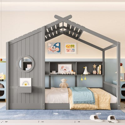 TIRAMISUBEST Twin/Full Size Floor House Bed for Toddler, Kids Montessori Bed with Storage Shelf, Playhouse Bed with Roof Design