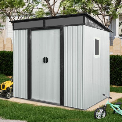 Gulches 6ft x 5ft Outdoor Metal Storage Shed with Window and Transparent plate for Garden, Lawn (White and Black)