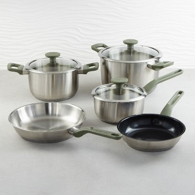 BergHOFF Bolt 8Pc Recycled 18/10 Stainless Steel Cookware Set with Glass Lids, Green
