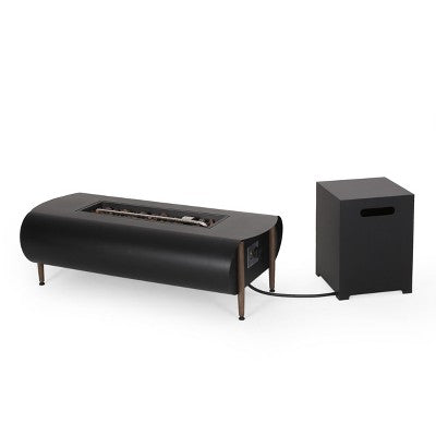 GDFStudio Romar Outdoor 50,000 BTU Iron and Resin Fire Pit Table with Tank Holder, Dark Gray/Wood Pattern