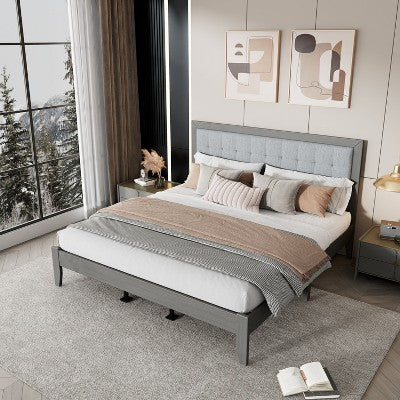 Okak Platform Bed Frame Upholstered Modern Solid Wood Bed with Square Tufted Headboard Noise-Free No Springs Required Easy to Assemble
