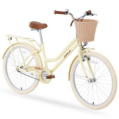 Kumasinova 24" Single Speed Girls Bike,Steel Frame Bicycle with Basket,V-Brake,Coaster Brake,Adjustable Brown Leather Saddle,Bike for Girls