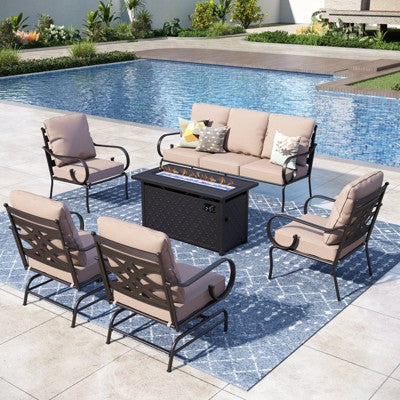 Captiva Designs 6pc Extra Large Metal Outdoor Patio Fire Pit Set with Rocking Pattern-back Chairs