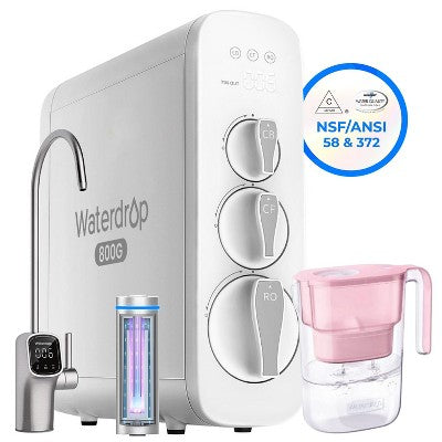 Waterdrop G3P800 800 GPD Under Sink RO Water Filter System Smart LED Faucet,3:1 Pure to Drain,NSF Certified,Extra Elfin Pink Water Filter Pitcher
