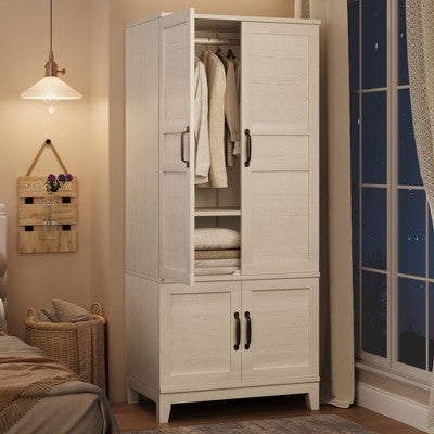72" Wooden Armoire Wardrobe Closet with 4 Doors Freestanding Cabinet with Hanging Rod for Bedroom