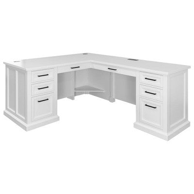 L-Shaped Pedestal Desk with Storage White - Abby Collection - Martin Furniture: Modern Shaker Doors, Bead Board Panels, Built-in Power