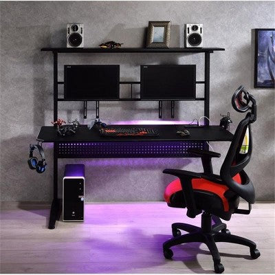 RISOKEYS Gaming Computer Desk Gaming Table with 2 Monitor Holder & with Cup Holder Headphone Hook for Bedroom Small Space Upgrade