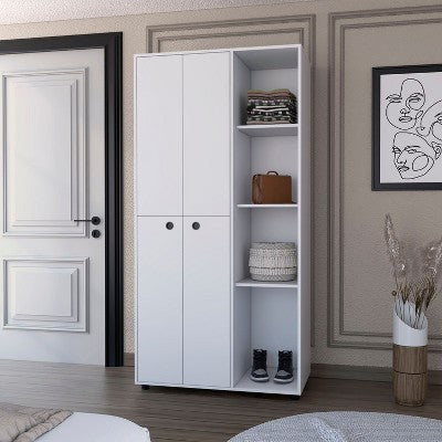 Kumasinova White Wardrobe Cabinet,Wardrobe with 4 Storage Cabinets,1 Inner Drawer,4 Doors,4 Open Cabinets,2 Hanging Rods,Armoire Closet for Bedroom