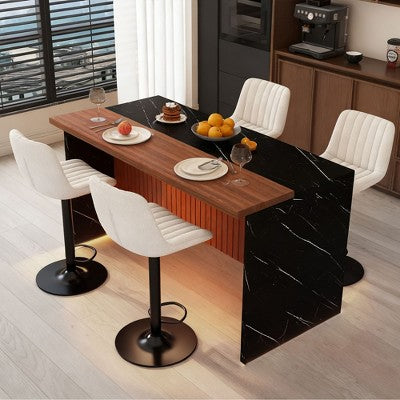 GDFStudio Wynn Modern 5 Piece Marble-Look Kitchen Island Set with 360° Swivel Upholstered Bar Stools and LED Lights