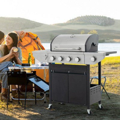 CAVINAS 5-Burner Propane Gas BBQ Grill,46500BTU Output Outdoor Grill with Side Burner&Foldable Side Table,Enameled Cast Iron Cooking Grids