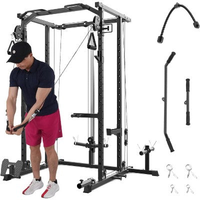 Squat Power Rack with Dual Pulley Cable Crossover System, Heavy-Duty Steel Construction for Strength Training