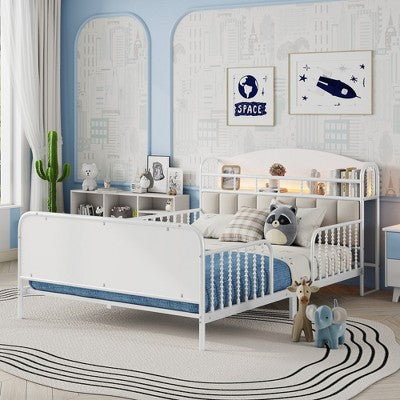 SeaCamel All-in-One Kids' Bed: Twin Metal Platform with Built-In Light, Pull-Out Storage & Upholstered Panels, Black