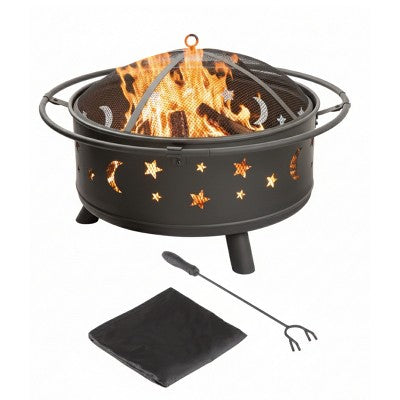 Nature Spring Star and Moon Wood Burning Fire Pit – Black