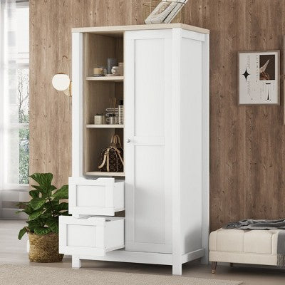 ORRD Bedroom Wardrobe with Sliding Door, Hanging Rods, 2 Drawers, and Open Shelves, White Clothes Storage Cabinet Organizer