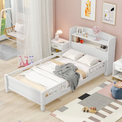 Lyngins Classic Twin Size Bed Frame with Storage Headboard & Guardrail, Wood Platform Bed Frame with Built-In LED Light,Solid Pine Wood Kids Bed Frame