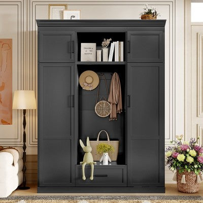 ORRD 85.2''H Modern Hall Tree: Bench + 3 Hooks, Entryway Storage Cabinet (4 Doors, 1 Drawer, Adjustable Shelves) for Hallway/Living Room