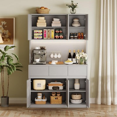 70" Pantry Cabinet with Charging Station, Tall Kitchen Pantry Storage Cabinet with Microwave Stand