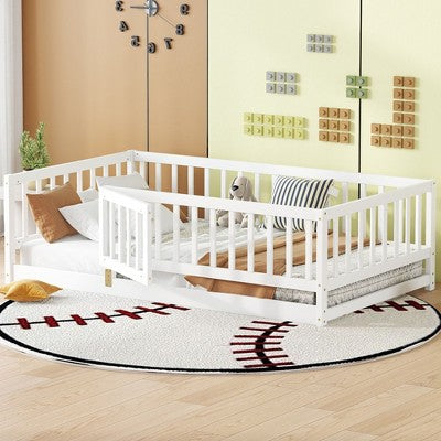 Kumasinova Twin/Full Montessori Floor Bed with Guardrails & Door,Solid Wood Low Bed Frame with Slats for Kids,Girls,Boys,No Box Spring Needed