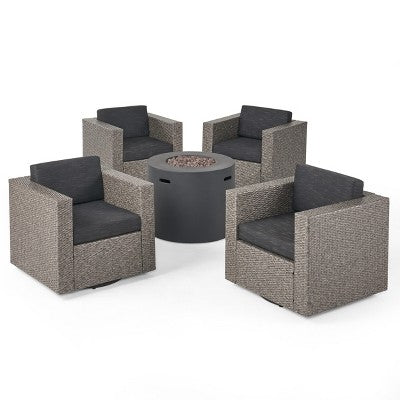 Christopher Knight Home Eli Outdoor Wicker 5 Piece Swivel Club Chair and Fire Pit Set with Cushions
