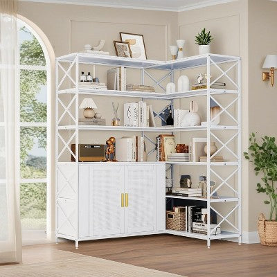 Coucheta 71" Tall L-Shaped Corner 6-Tier Farmhouse Bookshelf with Rattan Doors,Adjustable Shelves, Storage for Living Room Bedroom Office
