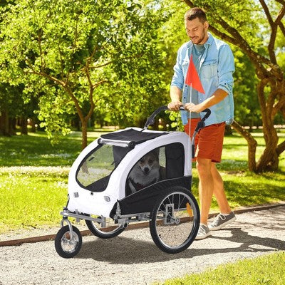 Kumasinova White Dog Bike Trailer,2-In-1 Pet Stroller with Canopy Storage Pockets,Quick Release Wheels,Hand-Lock Brake,44LB Capacity for Small Dogs