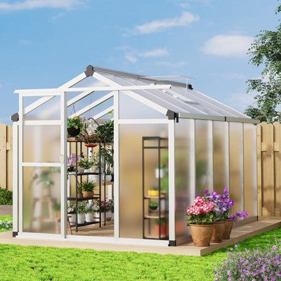 TROPOW 6x10 Greenhouses for Outdoors, Walk-in Greenhouse with Heavy Duty Aluminum Frame & PET Panels, Drainage System and Easy Assembly, Silver