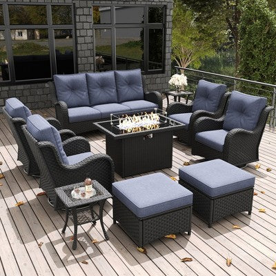 LayinSun Outdoor Patio Furniture Set, Black Rattan Wicker Sectional Swivel Rocker Chairs Sets with Ottomans, Swivel Glider Chair