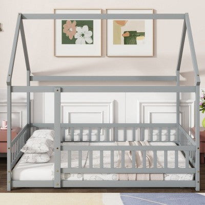 Kumasinova Twin/Full Size House Bed Frame,Toddler Floor Platform Bed with Roof Frame and Guardrails,Montessori Floor Bed for Kids,Adults,Teens