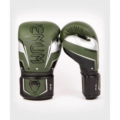 Venum Elite Evo Hook and Loop Boxing Gloves - Khaki/Silver