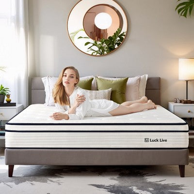 Luck Live 10in King Euro Top hybrid gel foam mattress with 7-zone individually wrapped coils, medium firmness oversized mattress for pressure relief