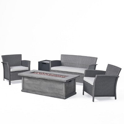 Christopher Knight Home Lucia Outdoor Wicker and Iron 4 Seater Chat Set with Fire Pit