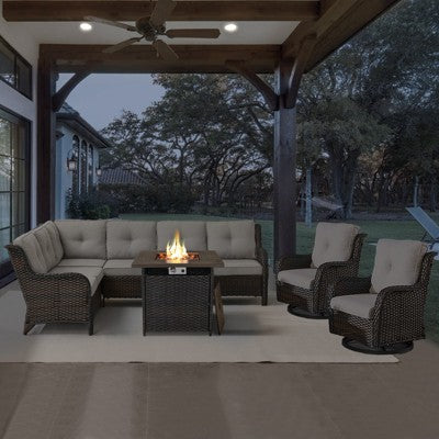 POCASSY 5PCS Outdoor Furniture Set with 30" Propane Fire Pit Table, Outdoor L Shaped Couch Set with All Weather Wicker Sectional Sofa and Swivel Chair
