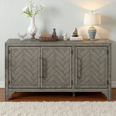 60" Pine Veneer Storage Cabinet Sideboard with Adjustable Shelves, 3-Door Buffet Table for Living Room, Entryway, or Study