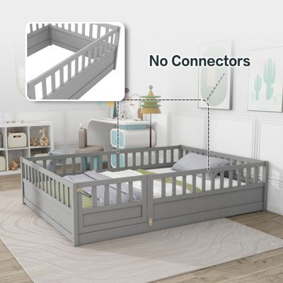 TUYOHW Kids Twin/Full Size Floor Bed with Wood Slat Support and Door,Montessori Bed Frame for Girls and Boys,Solid Pine Wood Frame