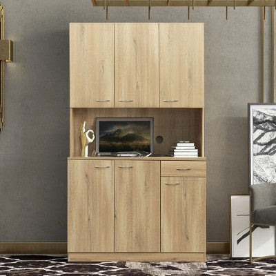 CAVINAS Tall Storage Cabinet,Wooden Kitchen Cabinet with 6 Doors,1 Open Shelf,1 Drawer,Storage Cabinet for Bedroom,Kitchen,Living Room,Office
