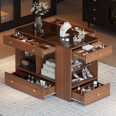 KTMBDW Closet Island with 6 Drawers,Wardrobe Armoire Bedroom Island with Glass Display Top & Open Shelves,Jewelry Storage Vanity Island for Cloakroom